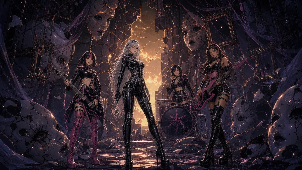 The four adult members of Babydolls of Pain stand with their instruments inside a ruined hall of cracked porcelain faces.