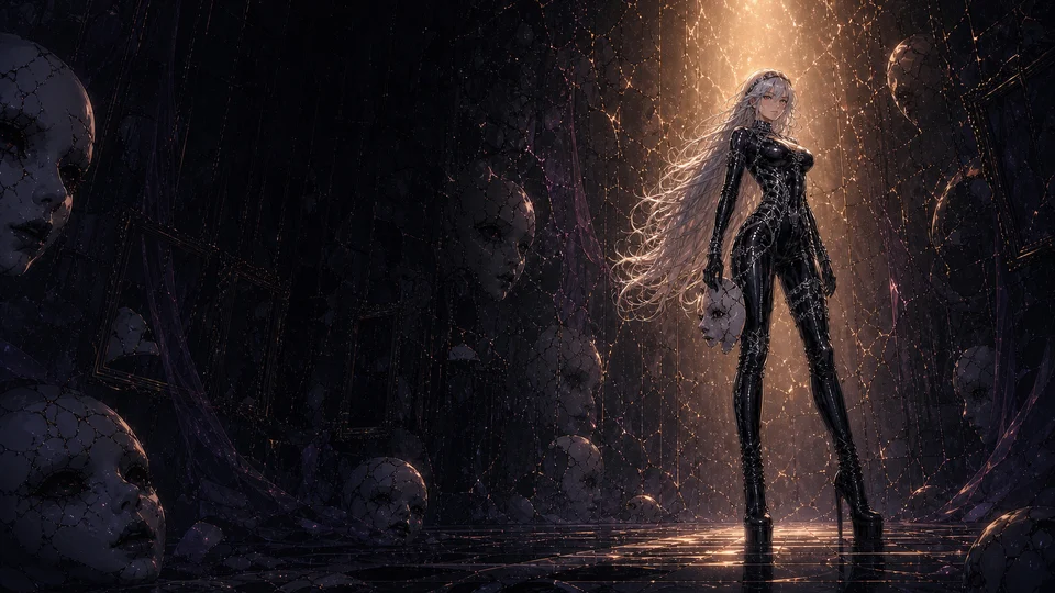 A platinum-haired adult woman stands among discarded cracked porcelain masks, holding one mask at her side.