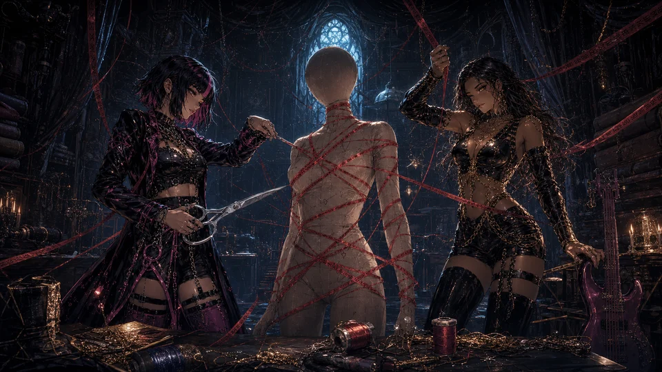 Two adult women cut and pull red threads from a featureless porcelain figure in a gothic workshop.