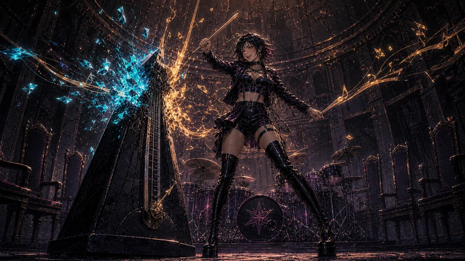 An adult woman strikes a towering metronome as blue glass and golden musical fragments burst around her.