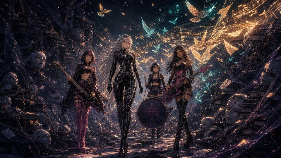 The four adult members of Babydolls of Pain emerge with their instruments as music and paper fragments fill the ruined archive.