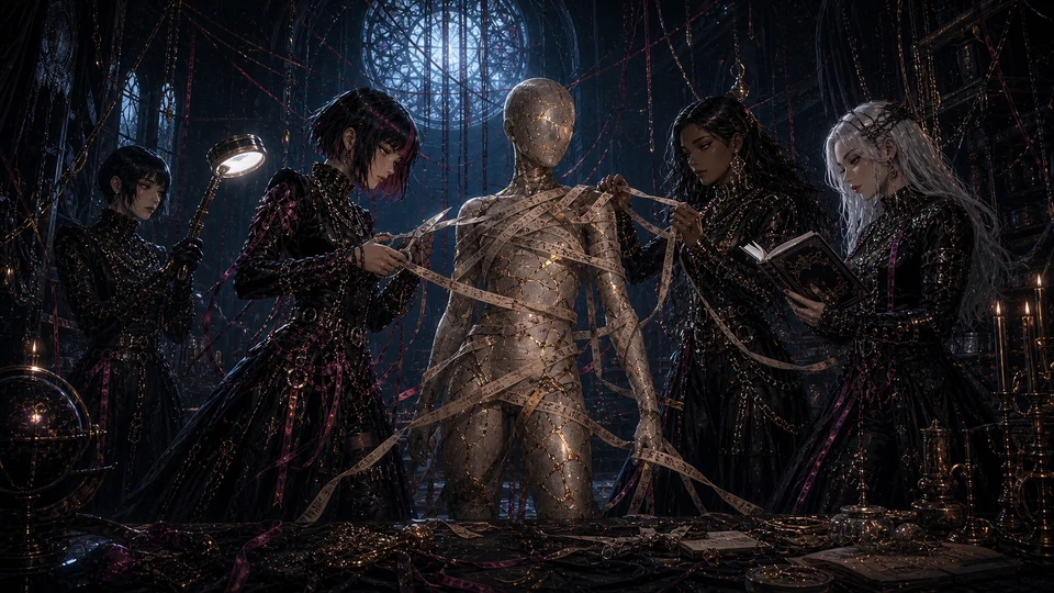 Four adult women examine a cracked porcelain figure wrapped in paper commandments inside a gothic atelier.