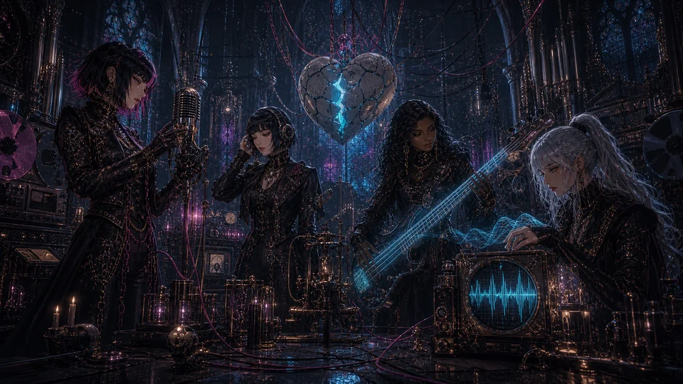 Four adult women operate microphones, bass and analogue instruments around a suspended cracked porcelain heart.