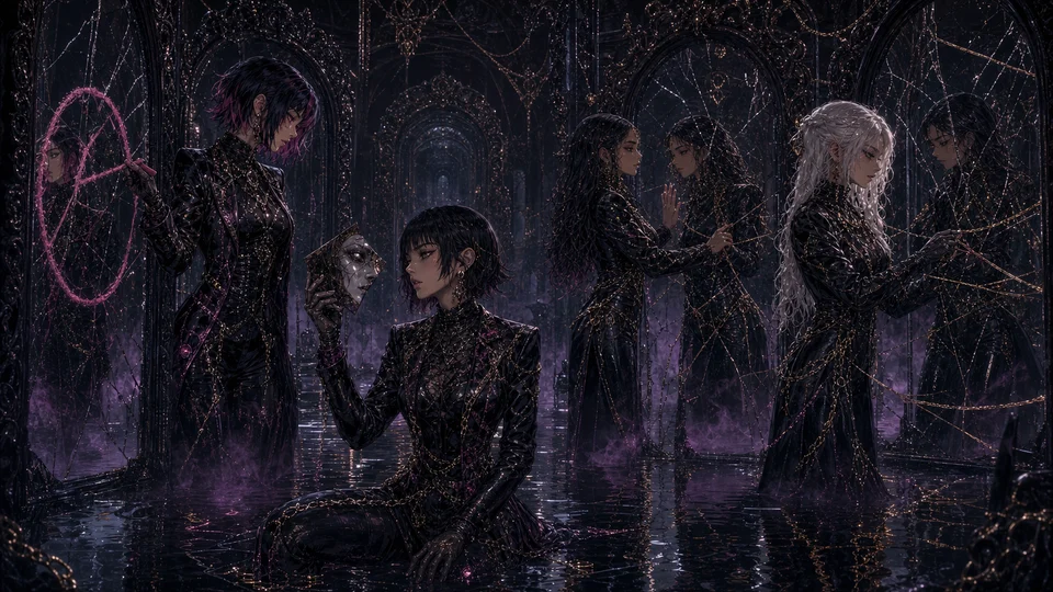 Four adult women investigate cracked mirrors, a porcelain mask and connected golden fractures in a flooded mirror archive.