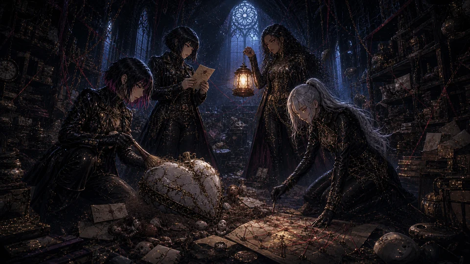 Four adult women uncover a cracked porcelain heart reliquary among letters and doll artifacts in a ruined archive.