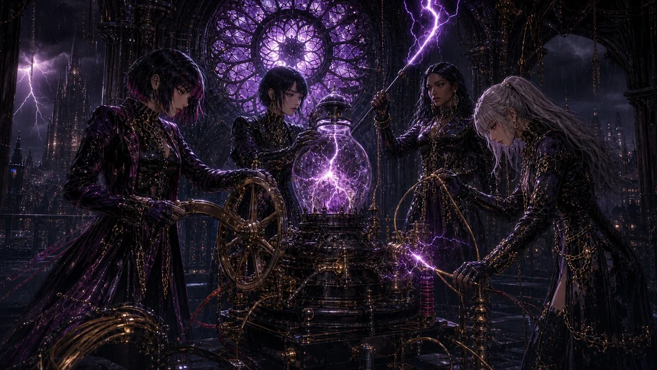 Four adult women operate a black and brass machine that captures purple lightning inside a glass vessel.