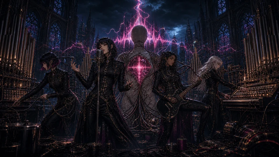 Four adult women perform with microphone, guitar and transmitter around a porcelain figure broadcasting a magenta waveform.